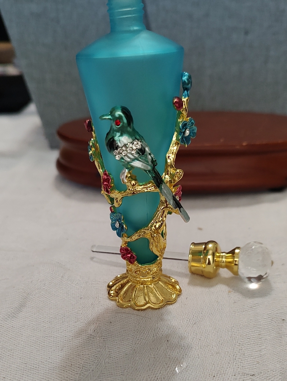 Beautiful Blue Gold Trimmed With Bird Perfume/Essential Oil Bottle